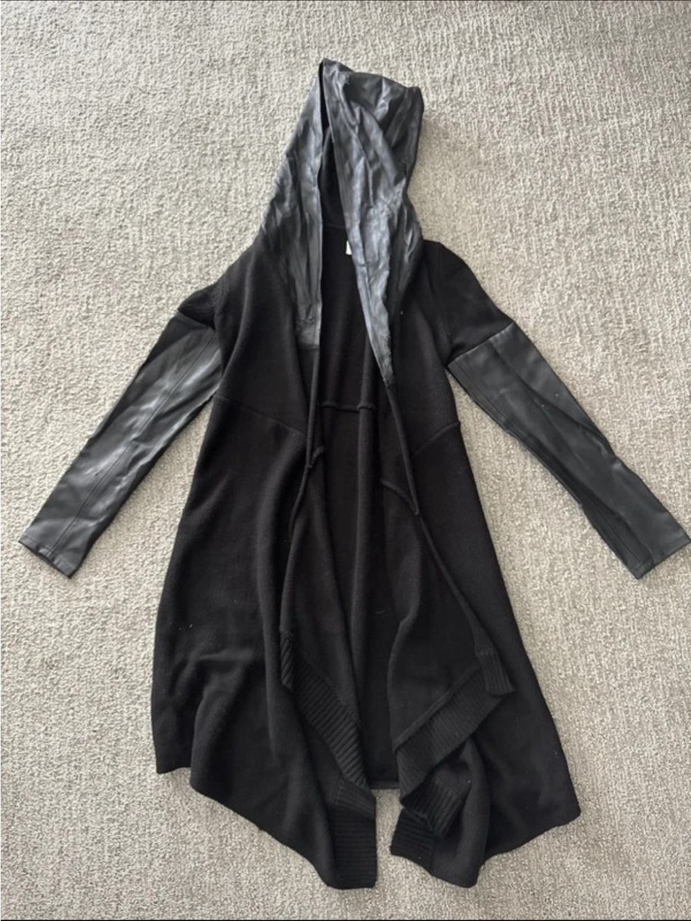 Blank NYC Black Hooded Draped Cardigan with Faux Leather Sleeves